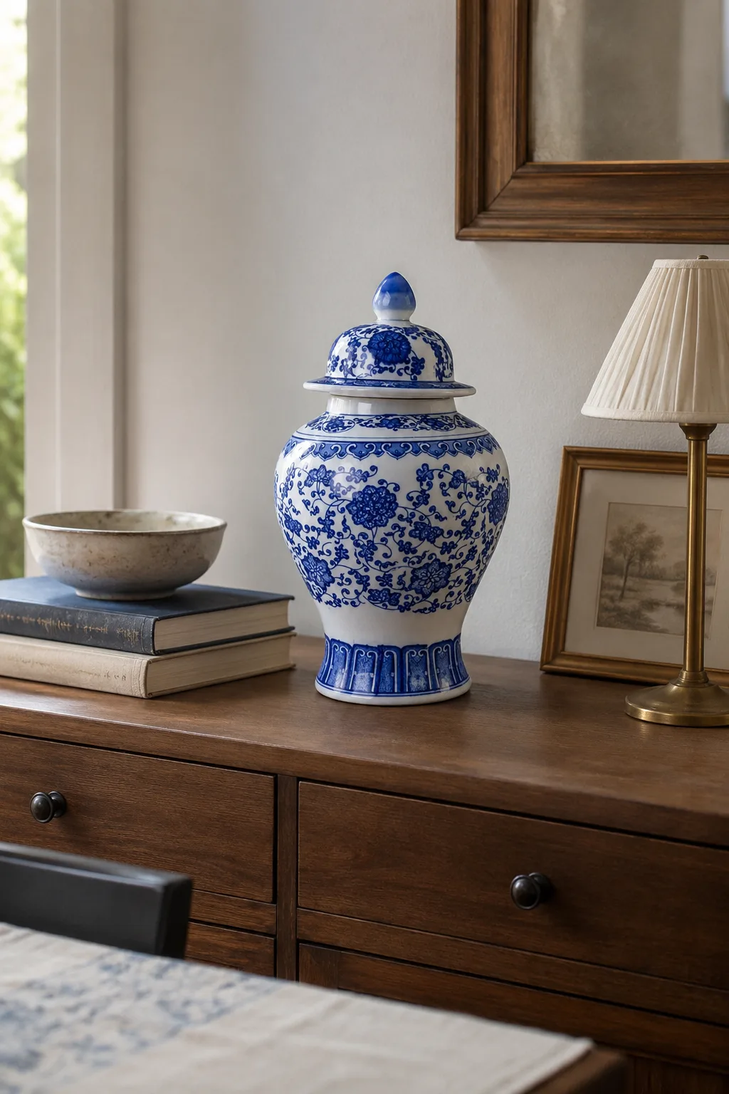 Blue and white lidded ceramic jar