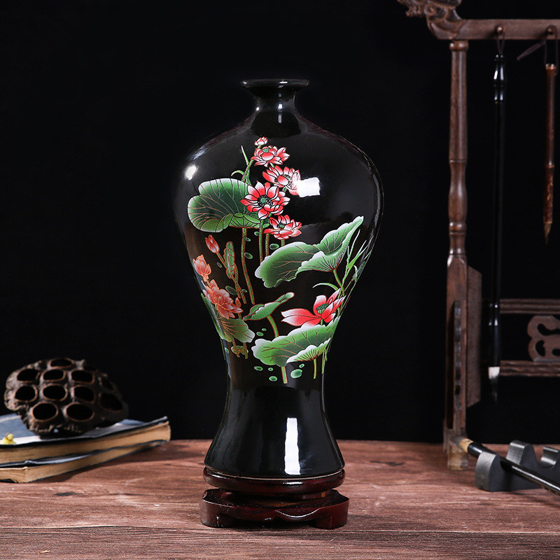 26 cm glossy black ceramic meiping vase with lotus flowers and leaves