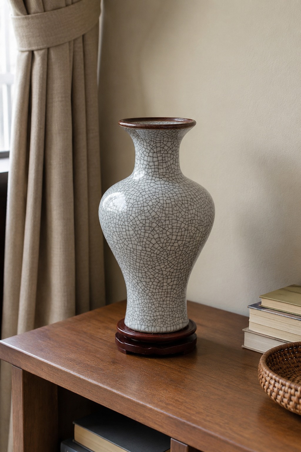 Grey crackle ceramic vase beside curtains and books