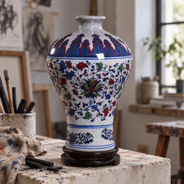 Vase with Multicolor Floral Crackle Pattern in an AI-assisted home styling scene