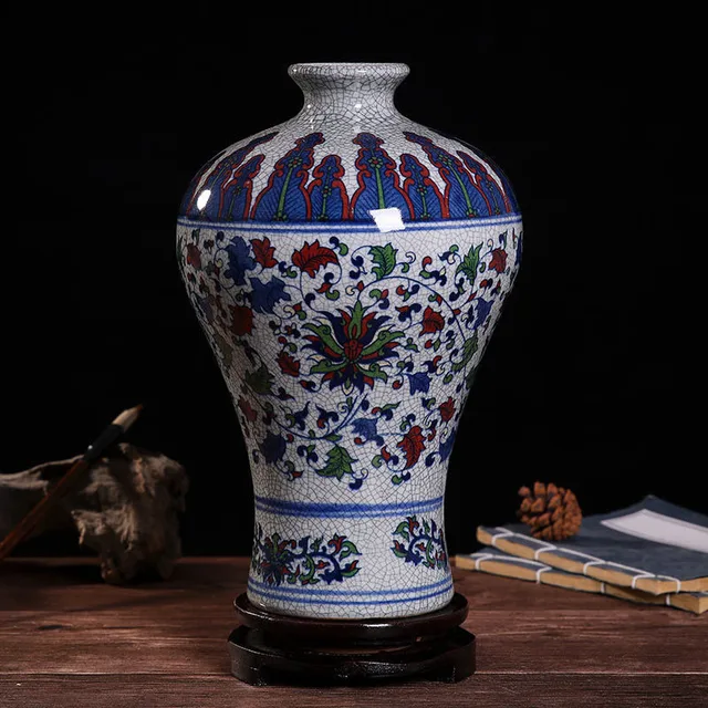 The pictured vase combines blue-and-white borders with multicolor floral decoration and a crackle-patterned ground