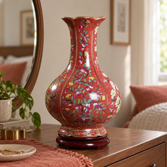 Vase with Red Ground and Colorful Flowers in an AI-assisted home styling scene