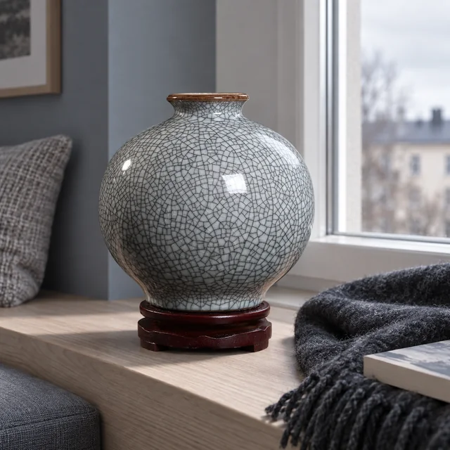 Vase with Grey Crackle Pattern, 31 cm in an AI-assisted home styling scene