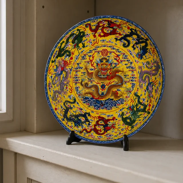 Display Plate with Yellow Dragon Motif, 25 cm in an AI-assisted home styling scene