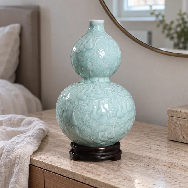 Vase with Pale Green Gourd Silhouette, 33 cm in an AI-assisted home styling scene