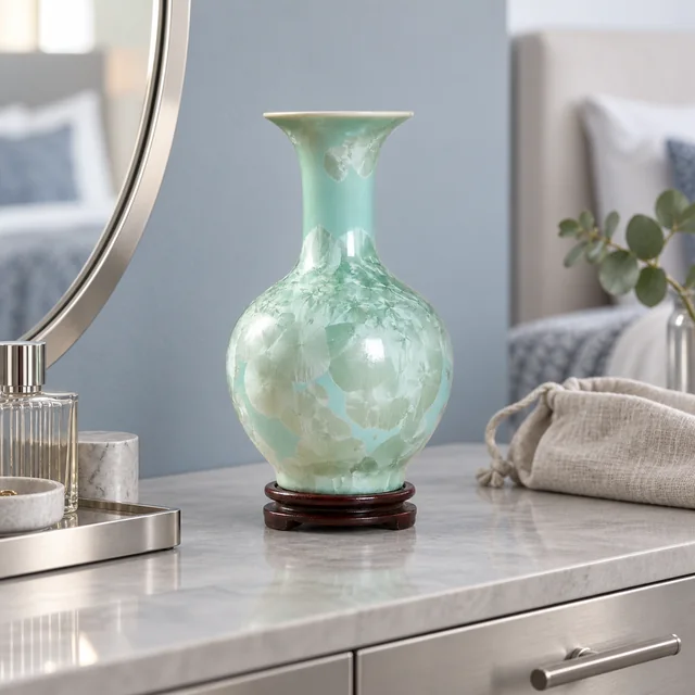 Vase with Pale Blue Crystalline Pattern, 29 cm in an AI-assisted home styling scene