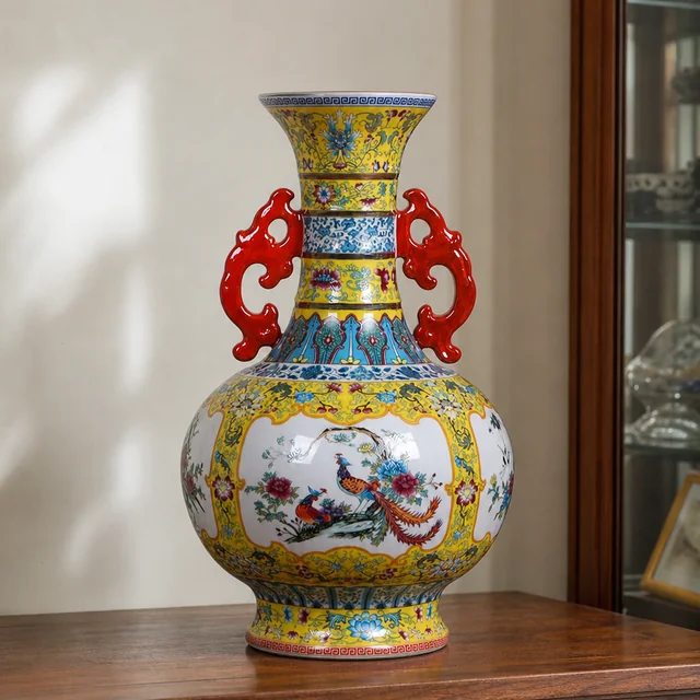 Vase with Yellow Ground and Red Double Handles, 41 cm in an AI-assisted home styling scene