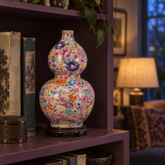 Vase with Multicolor Floral Gourd Silhouette, 36 cm in an AI-assisted home styling scene