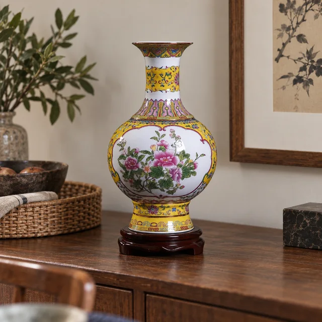 Vase with Floral Panels and Yellow Borders, 28 cm in an AI-assisted home styling scene