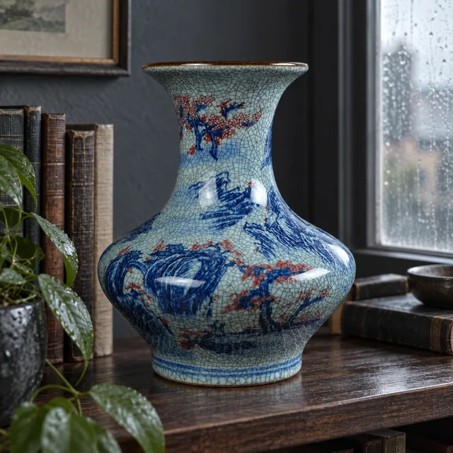 Vase with Blue Landscape and Crackle Pattern, 25-31 cm in an AI-assisted home styling scene