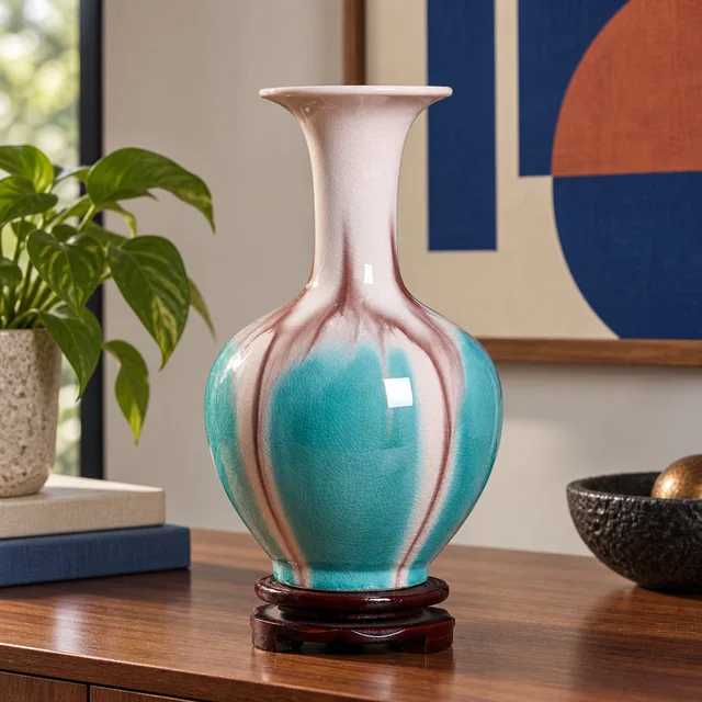 Vase with Turquoise and Pink Glaze, 21-36 cm in an AI-assisted home styling scene