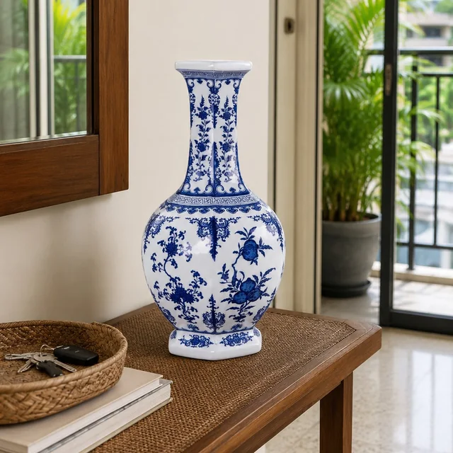Vase with Blue-and-White Floral Motifs, 33-41 cm in an AI-assisted home styling scene