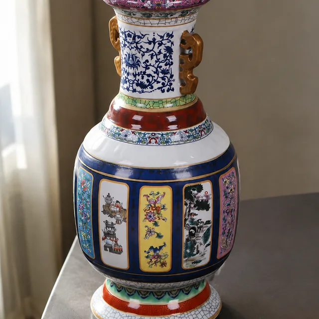 Vase with Blue-and-White Neck and Color Panels, 40 cm in an AI-assisted home styling scene