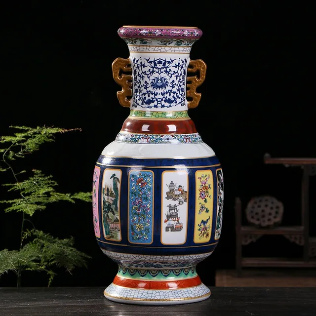 A broad vase combines blue-and-white neck decoration, colored picture panels and paired handles