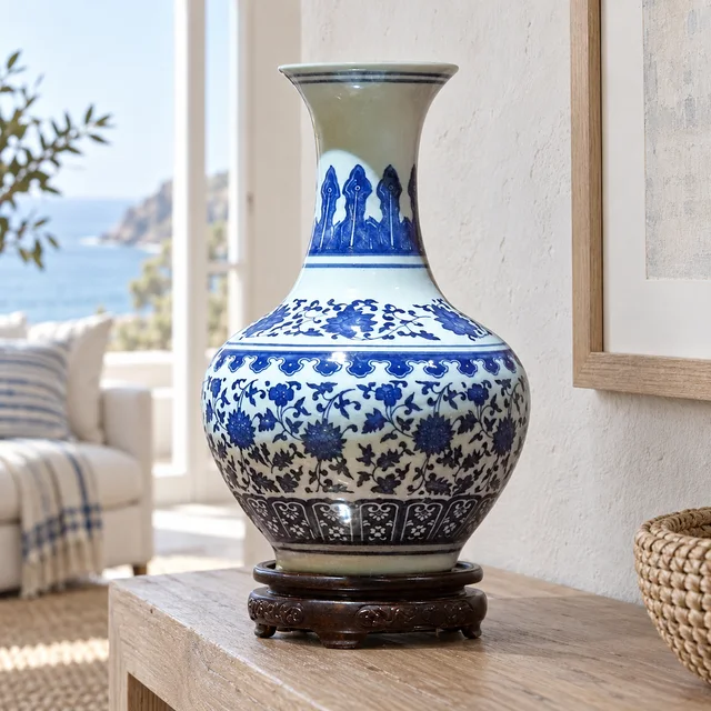 Vase with Blue-and-White Lotus Decoration in an AI-assisted home styling scene