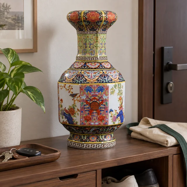 Vase with Octagonal Floral Panels in an AI-assisted home styling scene