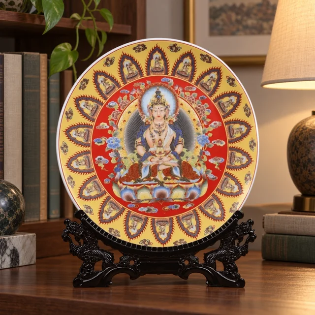Display Plate with Religious Figure Medallions, 35 cm in an AI-assisted home styling scene
