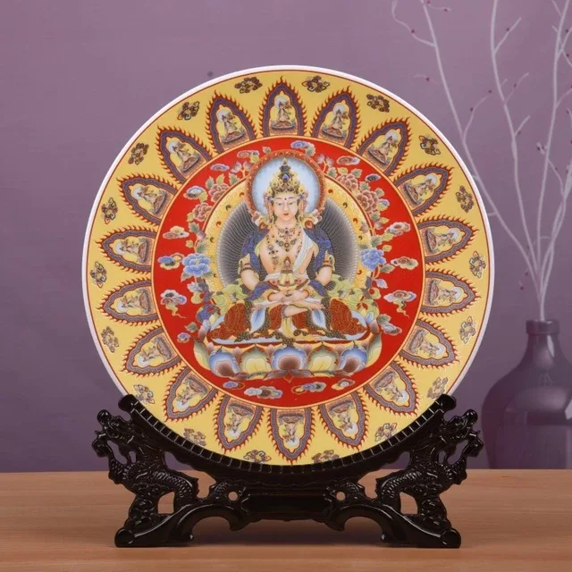 A religious figure fills the center of a display plate surrounded by smaller figure medallions
