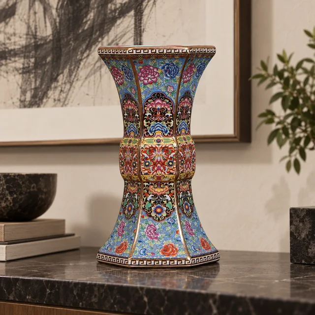 Vase with Floral Hexagonal Silhouette, 32 cm in an AI-assisted home styling scene