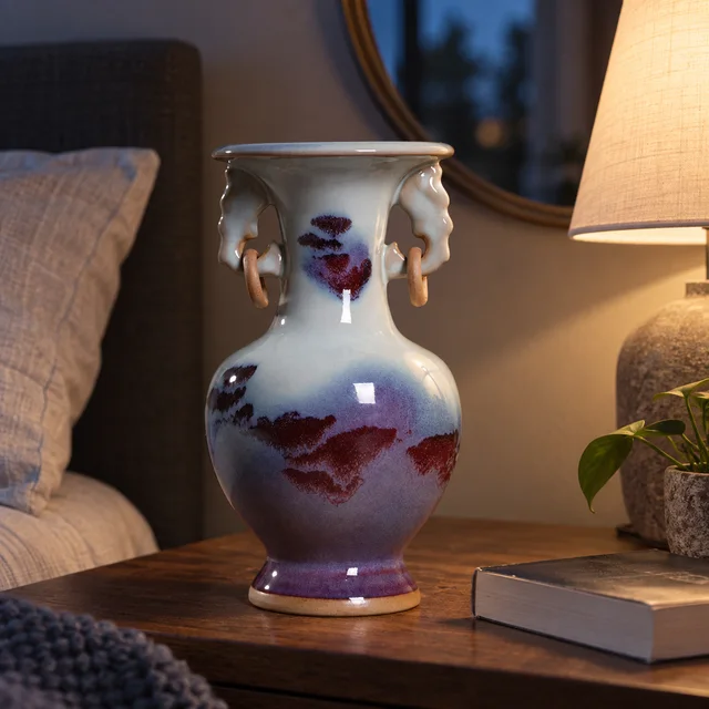 Vase with Purple Glaze and Elephant Handles in an AI-assisted home styling scene