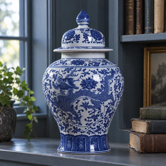Lidded Jar with Blue-and-White Dragon Motif, 33 cm in an AI-assisted home styling scene