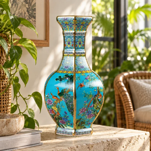 Vase with Turquoise Floral and Bird Panels, 33 cm in an AI-assisted home styling scene