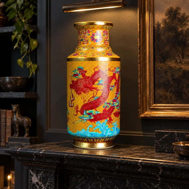 Vase with Yellow Ground and Twin Dragons in an AI-assisted home styling scene