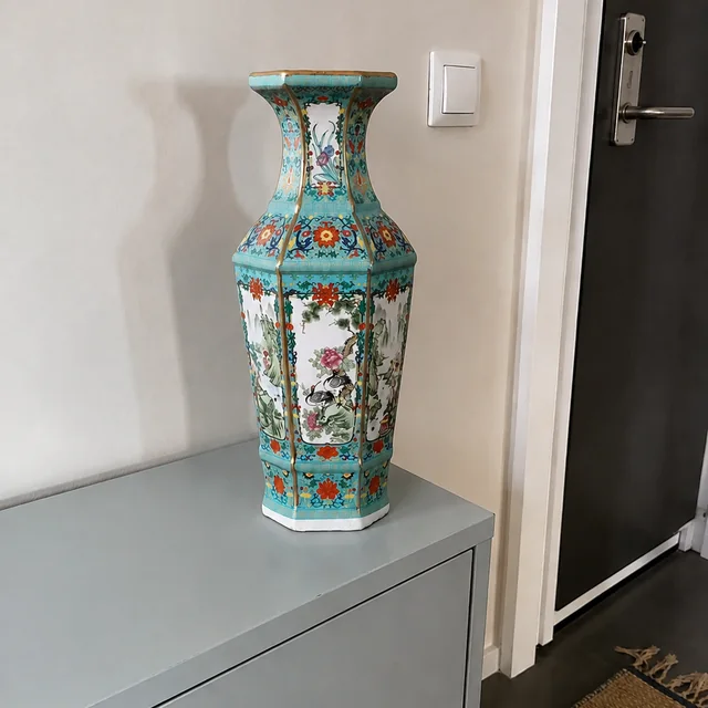 Vase with Faceted Floral and Bird Panels, 32-35.5 cm in an AI-assisted home styling scene