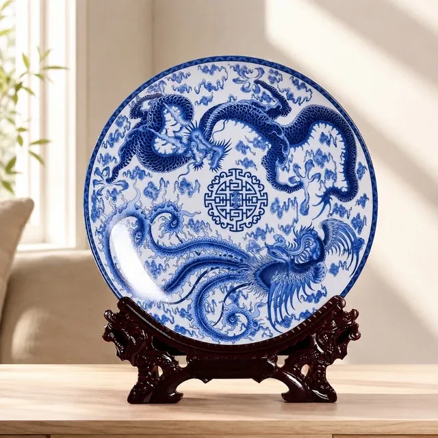A blue dragon curves around the center of a white display plate amid scrolling decoration