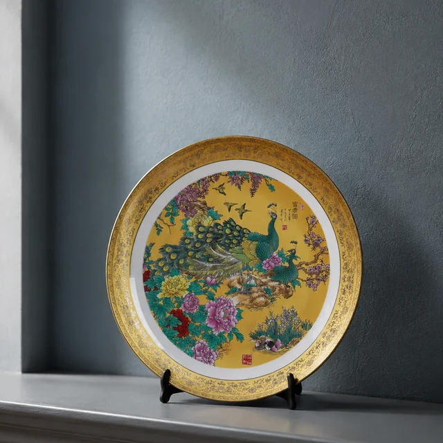 Display Plate with Peacock and Gold-Tone Border, 25 cm in an AI-assisted home styling scene