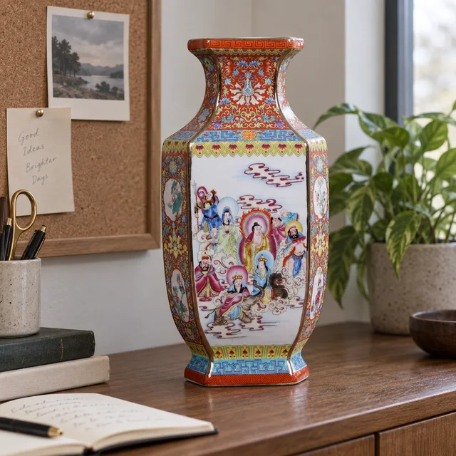 Vase with Hexagonal Figure Panels, 33.5 cm in an AI-assisted home styling scene
