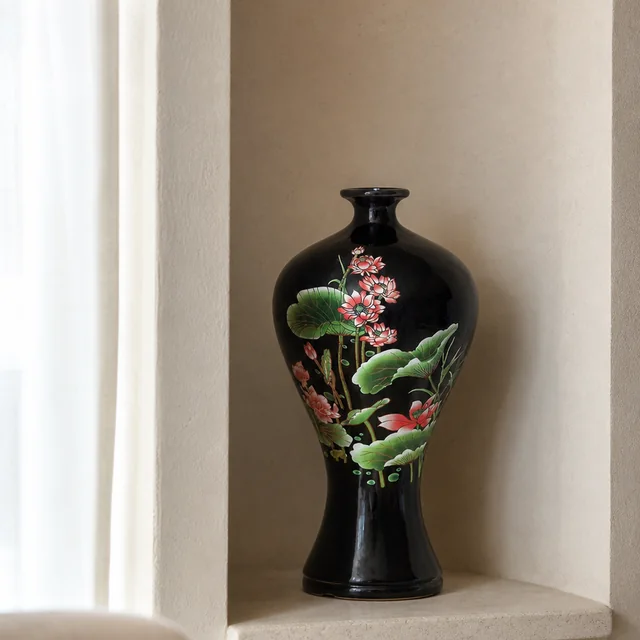Vase with Black Ground and Lotus Motif in an AI-assisted home styling scene