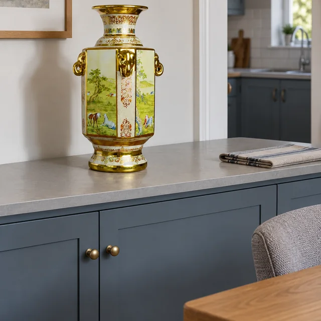Vase with Horse Panels and Elephant Handles, 34 cm in an AI-assisted home styling scene