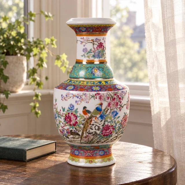 Vase with Floral and Bird Decoration in an AI-assisted home styling scene