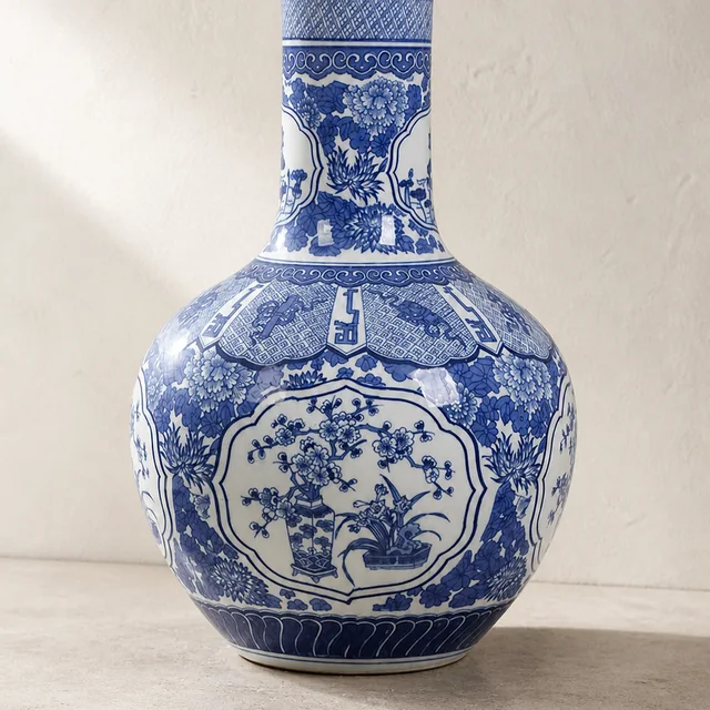Vase with Blue-and-White Rounded Body in an AI-assisted home styling scene