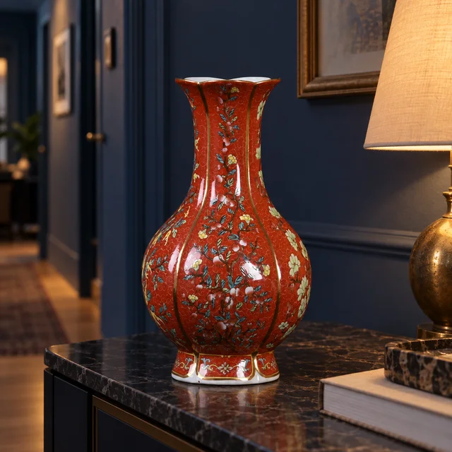 Vase with Red Ground and Floral Decoration, 25-30 cm in an AI-assisted home styling scene