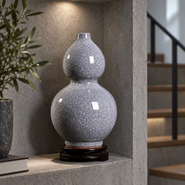 Vase with Grey Crackle Gourd Form, 22-32 cm in an AI-assisted home styling scene