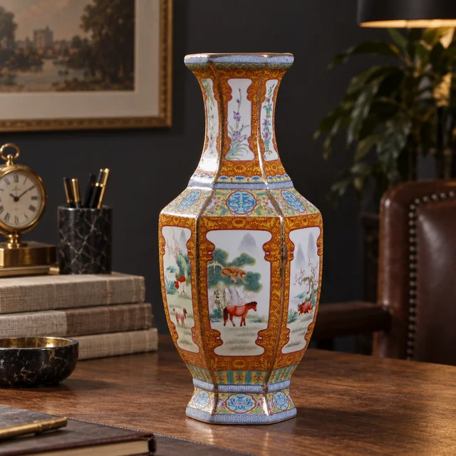 Vase with Hexagonal Zodiac Panels, 35.5 cm in an AI-assisted home styling scene