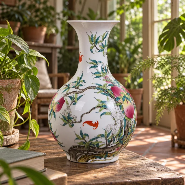 Vase with Peach and Bird Motifs, 36 cm in an AI-assisted home styling scene