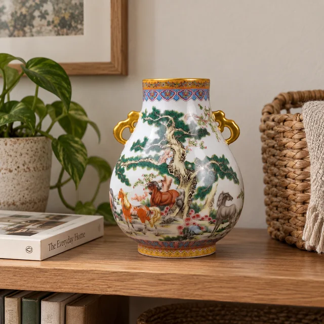 Vase with Animal Scene and Gold-Tone Handles, 22.5 cm in an AI-assisted home styling scene