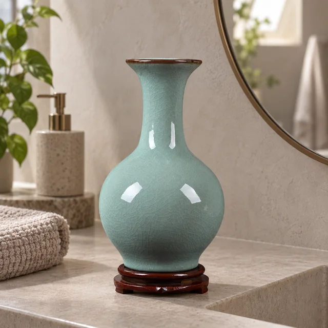 Vase with Pale Green Glaze, 20-31 cm in an AI-assisted home styling scene