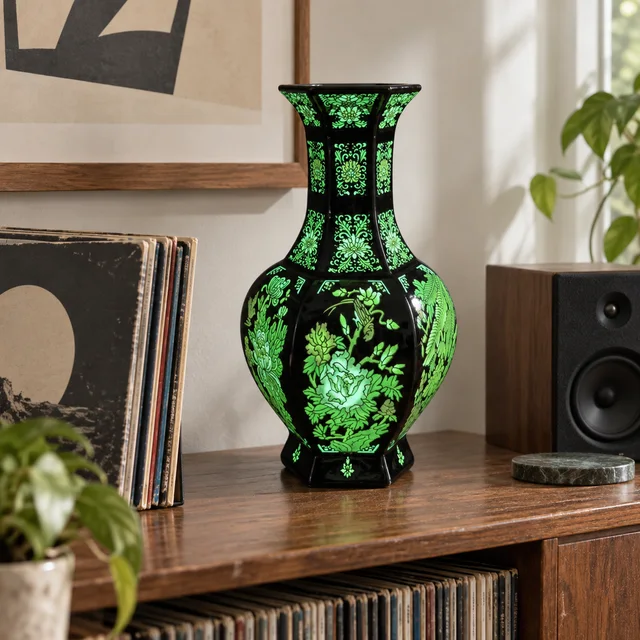 Vase with Hexagonal Floral and Bird Motifs, 32 cm in an AI-assisted home styling scene