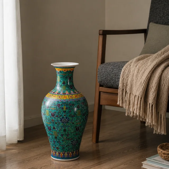 Vase with Turquoise Ground and Floral Motifs, 55 cm in an AI-assisted home styling scene