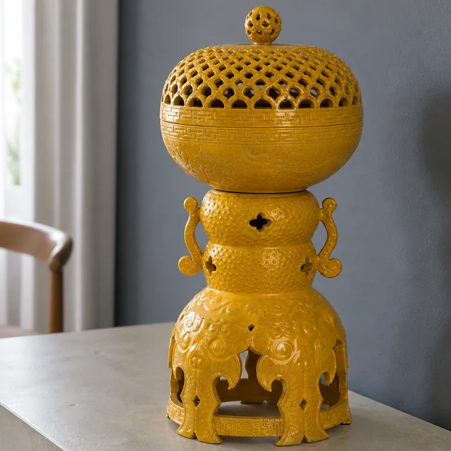 Lidded Vessel with Yellow Openwork Form in an AI-assisted home styling scene