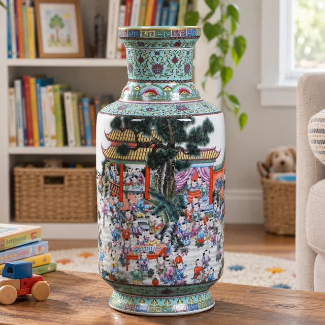 Vase with Children at Play, 43 cm in an AI-assisted home styling scene
