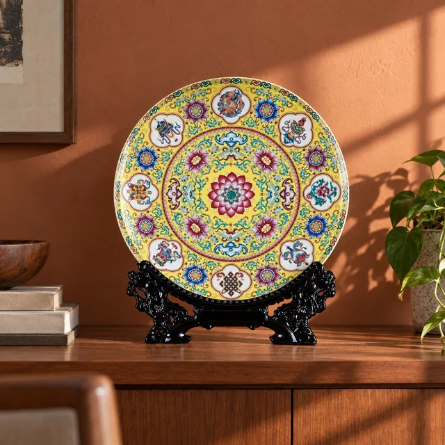 Display Plate with Yellow Lotus and Symbol Medallions in an AI-assisted home styling scene