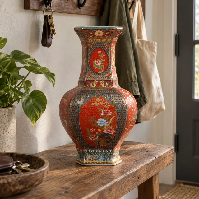 Vase with Red Hexagonal Floral Panels, 31 cm in an AI-assisted home styling scene