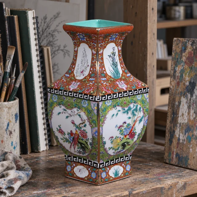 Vase with Angular Floral and Bird Panels in an AI-assisted home styling scene