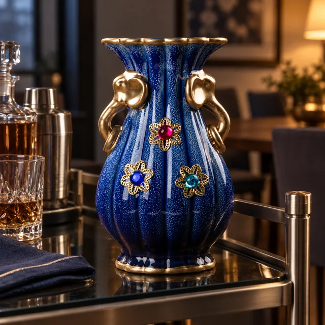 Vase with Blue Glaze and Gold-Tone Handles, 21-22 cm in an AI-assisted home styling scene