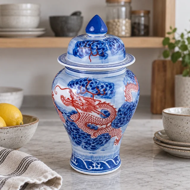 Lidded Jar with Blue-and-White and Red Dragon in an AI-assisted home styling scene